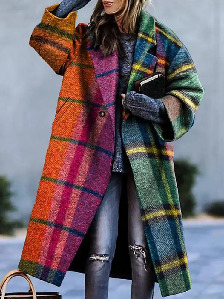

Yeezzi British Style Plaid Split-Joint Lapel Woolen Coat Women Autumn Winter Long Sleeves Loose Casual Outerwear 2023 New