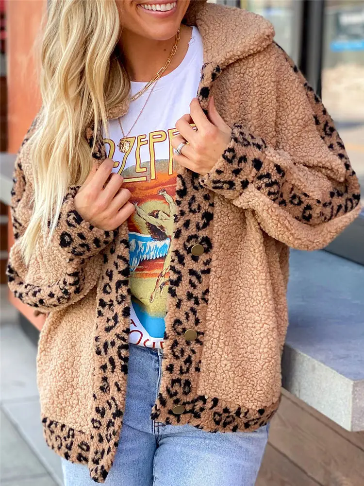 

Women Luxury Leopard Sweater Faux Fur Sherpa Fleece Jacket Lapel Fuzzy Winter Luxurious Streetwear Sexy Plush Teddy Sweaters