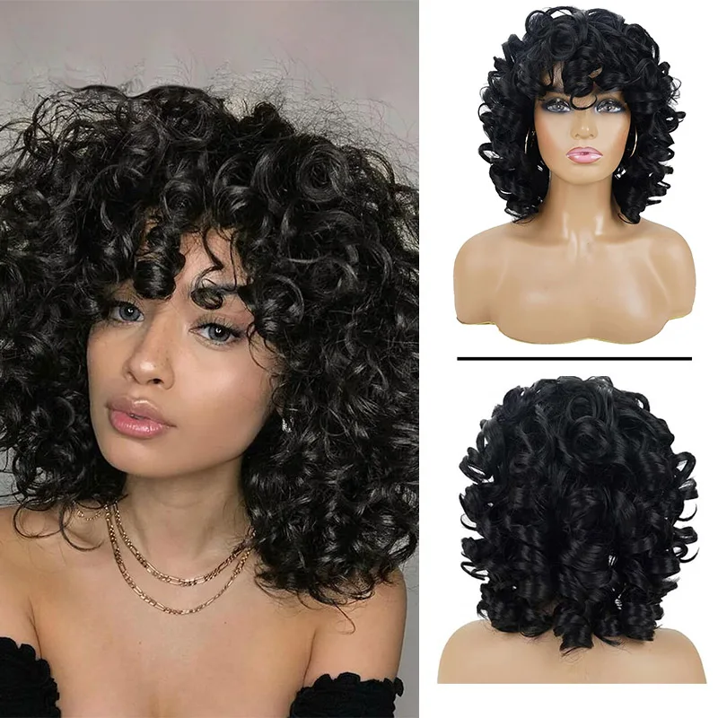 

Short Bouncy Loose Curly Wigs with Bangs Synthetic Black Daily Hair Wig for women Natural Big Bouncy Fluffy Curly Bob Wigs