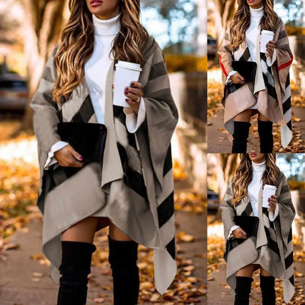

Shawl Fashion Batwing Sleeve Autumn Winter Poncho trip Women Coat Plaid Stripes Scarf Shawl