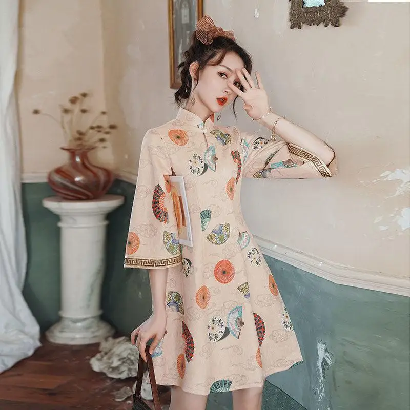 Mini Skirts Elegant Skinny Dresses Printing Chinese Style Button Short Sleeve Temperament Stand Collar Sweet Women's Clothing
Mini Skirts Elegant Skinny Dresses Printing Chinese Style Button Short Sleeve Temperament Stand Collar Sweet Women's Clothing