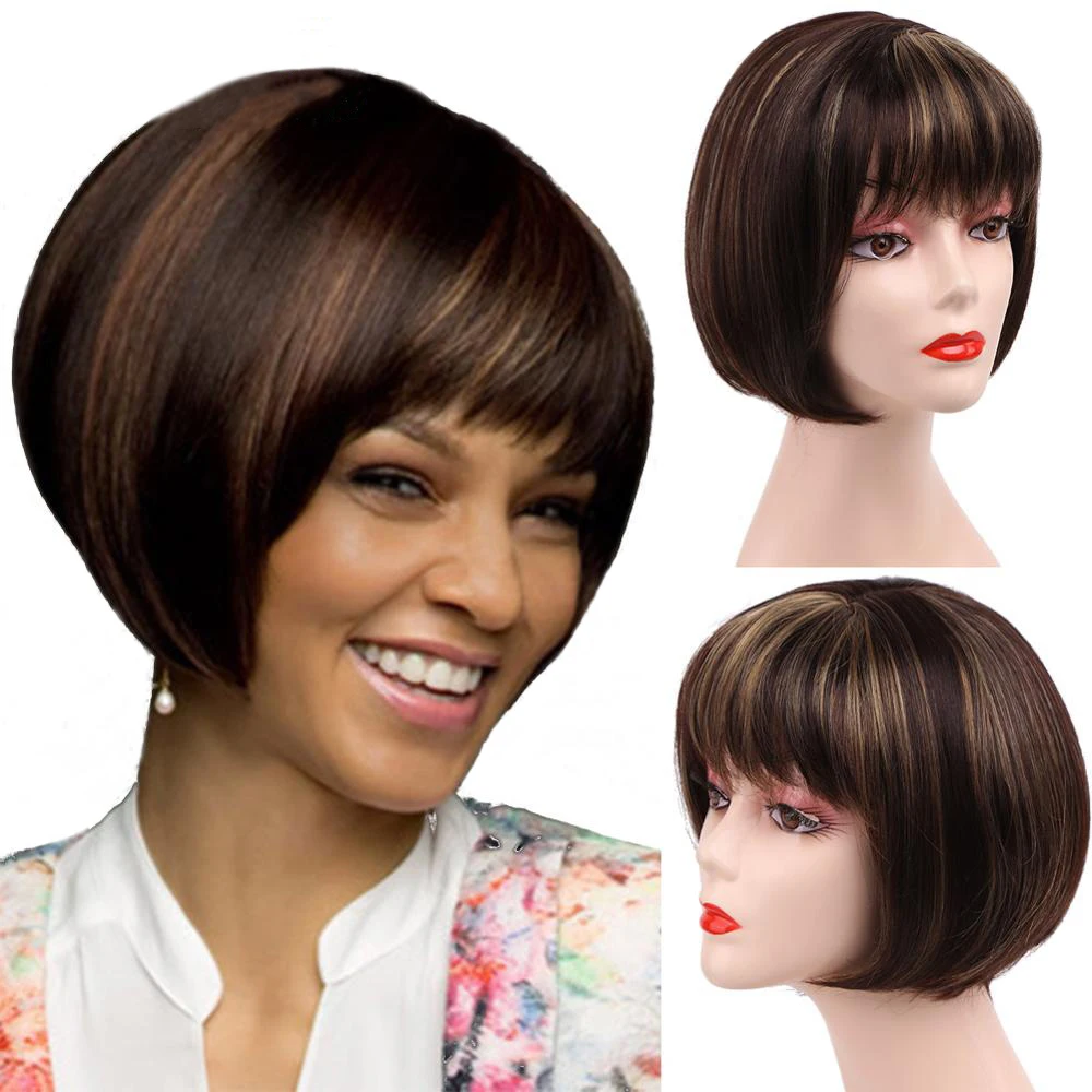 

Amir short Hair Wigs Synthetic Bob Wig With Bangs Ombre Black Mixed Brown Hair For Women Bob Hairstyle Heat Resistant Fiber