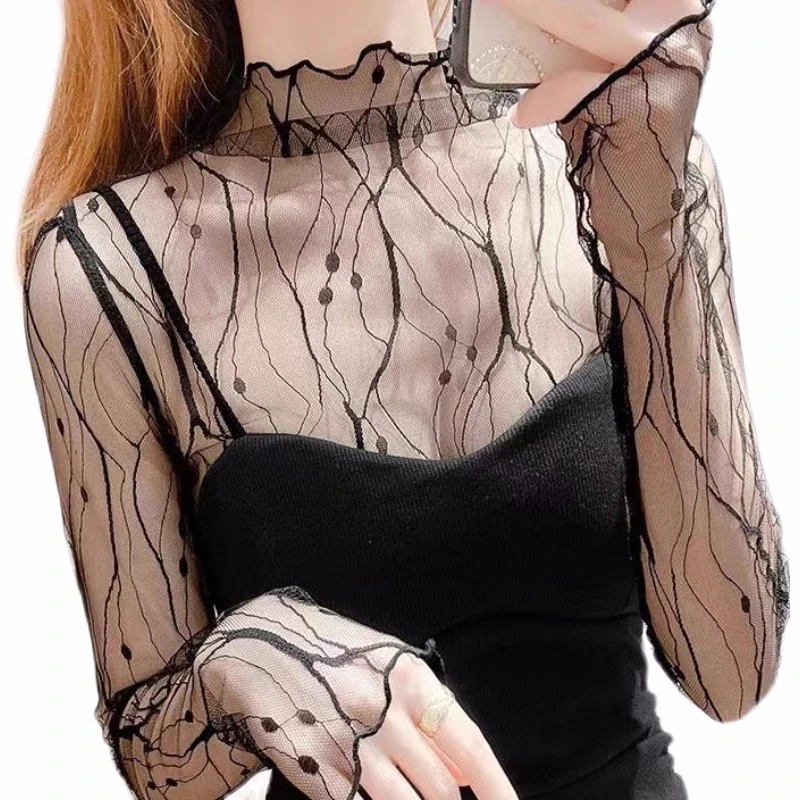 2023 Spring/Summer Lace Bottom Top for Women's Perspective Inner Half High Collar Yarn Coat Thin Mesh Long Sleeve Top
2023 Spring/Summer Lace Bottom Top for Women's Perspective Inner Half High Collar Yarn Coat Thin Mesh Long Sleeve Top