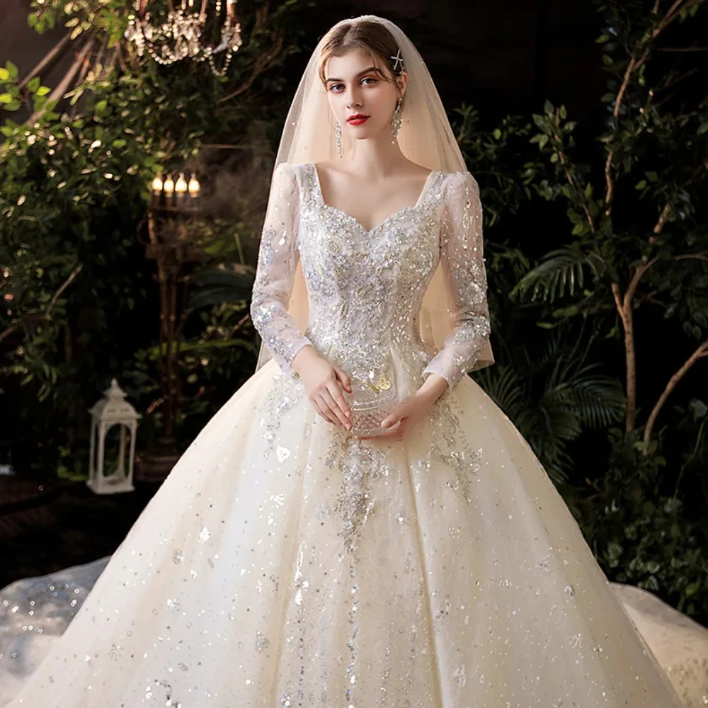 

2024 New Luxury Long Sleeves Wedding Dress Sweetheart Neck Sweep Train Lace Up Bridal Ball Gown Lace Appliques Vestidos De Noiva