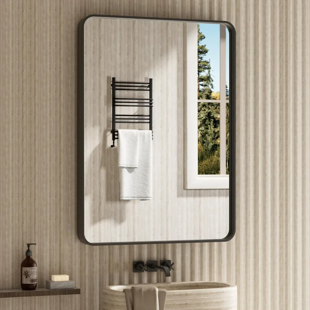 

Black Bathroom Mirror Wall Mounted Vanity Mirror with Rounded Corner Metal Framed, Tempered Glass,Anti-Rust(Horizontal/Vertical)