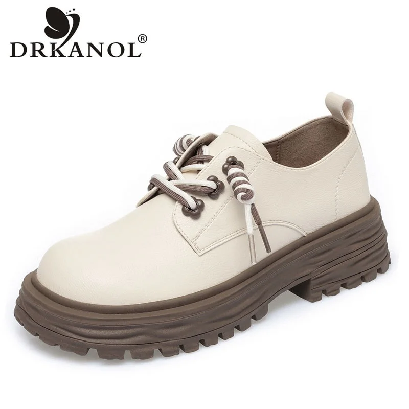 

DRKANOL British Style Genuine Leather Platform Shoes Women Spring Autumn Round Toe Comfort Thick Heel Chunky Shoes Casual Loafer