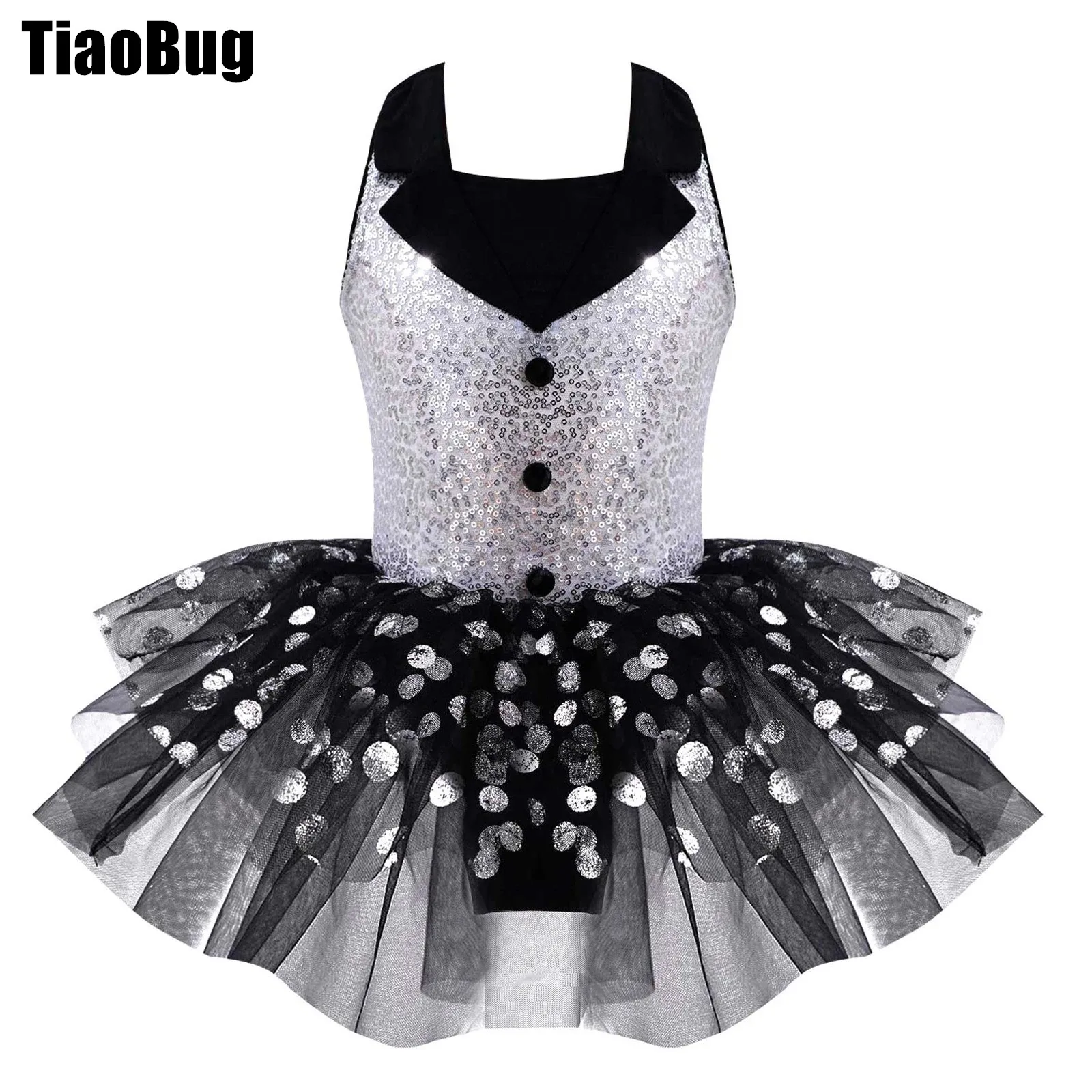 

Kids Girls Sequins Tutu Dance Dress Sleeveless Suit Style Turndown Collar Straps Hollow Back Dots Print Mesh Stylish Clothing