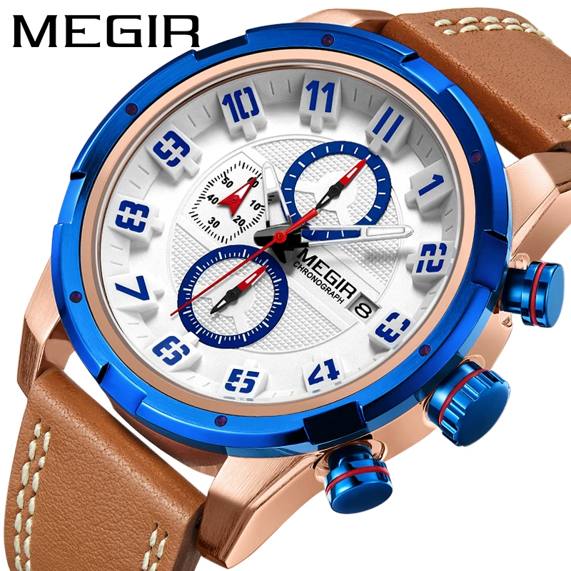 

MEGIR New Motion Timing Male Watches Classic Pin Clasp Waterproof Point High-quality Leather Band Wristwatch Lumious+Box2082