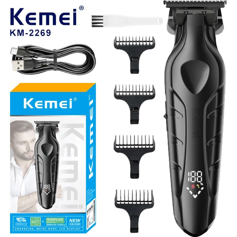 

Профессиональный триммер для волос и бороды от Kemei, мужские машинки для стрижки волос с нулевым писком для парикмахера с T-образным лезвием, беспроводной USB Перезаряжаемый комплект