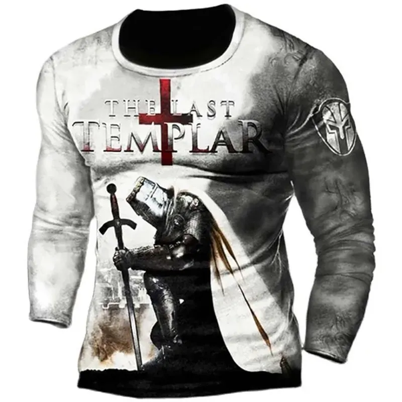 

3D Print Retro Knights Templar Autumn Men's O-Neck T-shirt Casual Long Sleeve Oversized T Shirt Fashion Pullover Men Clothing