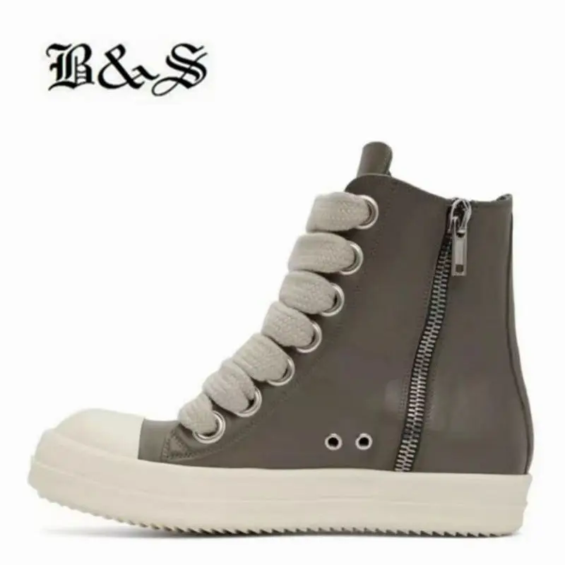 

Black& Street Maga jumbo Lace Gray Genuine Leather Athletics Trainer Boots Flat High Top TPU sole Rock Handmade Botas