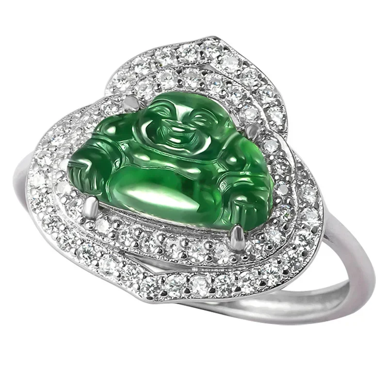 

Burmese Jade Buddha Rings Emerald Charm 925 Silver Gemstone Talismans Jadeite Luxury Jewelry Green Real Natural Women Gift