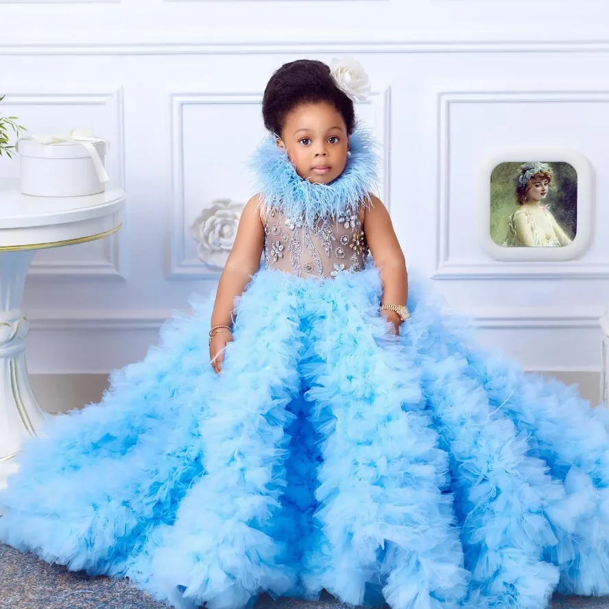 

Luxury Girl Pageant Dress Flower Girls Dresses for Wedding Light Sky Blue Kids Ruffles Party Birthday Gowns for Photoshoot