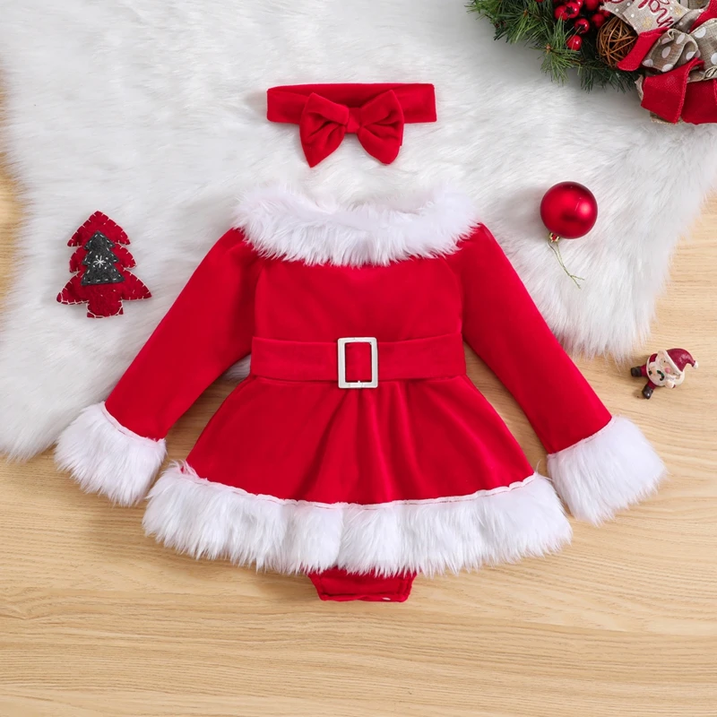 

2Pcs Baby Clothing Girls Christmas Outfits Clothes Long Sleeve Belted Romper Dress with Headband Infant Xmas Newborn Set