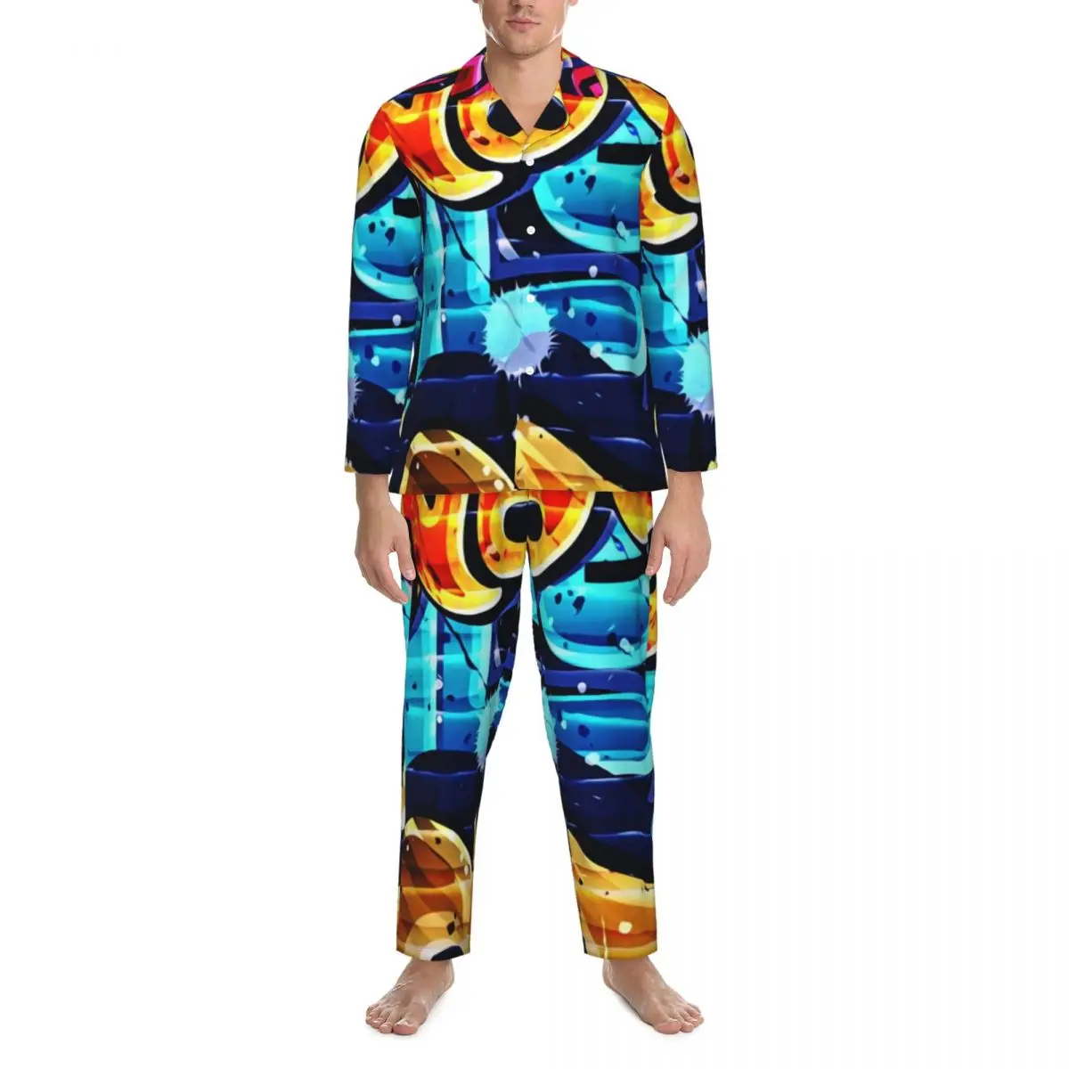 

Pajamas Man Word Graffiti Street Art Leisure Sleepwear Letter Print 2 Pieces Loose Pajama Set Long Sleeve Oversized Home Suit