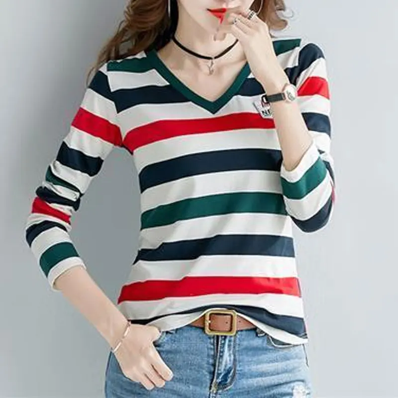 

Female Clothing Striped Spliced Pullovers Casual V-Neck Spring Autumn Long Sleeve Stylish Badge Slim Contrasting Colors T-shirt