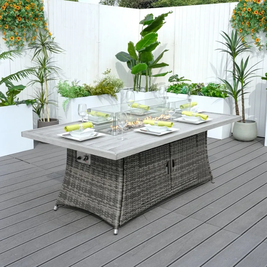 Direct Wicker Patio Fire Pit Dining Set 6Seat Rectangular Aluminum Table with Rattan Chairs Direct Wicker Patio Fire Pit Dining Set 6Seat Rectangular Aluminum Table with Rattan Chairs