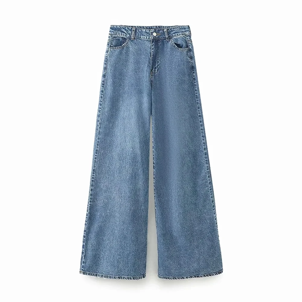 

TRAF Women's Palazzo Pants 2023 Vintage Zip Button Pocket Faded Denim Trousers Women High Waist Wide Leg Pants Autumn Chic Jeans