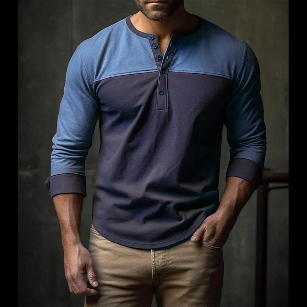 

New Men Cotton Henley Neck T-shirt Fashion Design Loose Fit Solid Tshirts Male Tops Tees Long Sleeve Color Match Tops for Men