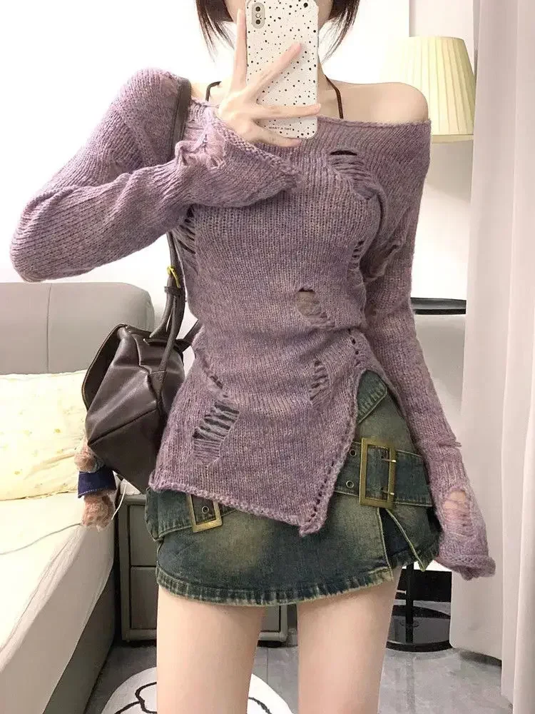 

Slash Neck Hollow Out Knitted Sweater Women Loose Sweet Y2k Aesthetic Jumpers Japanese Casual Split Pullovers Trendy Tops Shirts