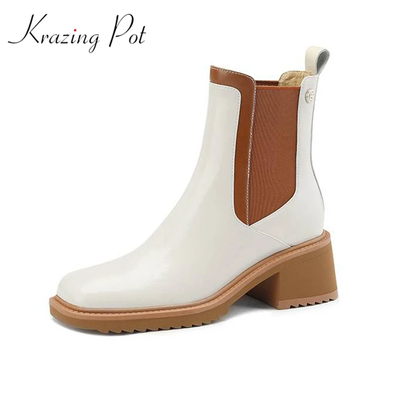 

Krazing Pot Cow Leather Square Toe Thick Heels Winter Chelsea Boots Korean Girl Slip On Mixed Color Career Western Ankle Boots