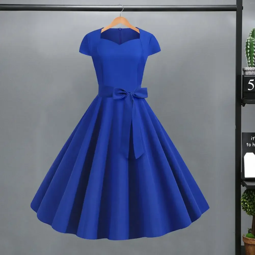 

2200 53USD Party Dress Retro Princess Style Midi Dress with V Neck Belted Bow Decor A-line Big Swing
