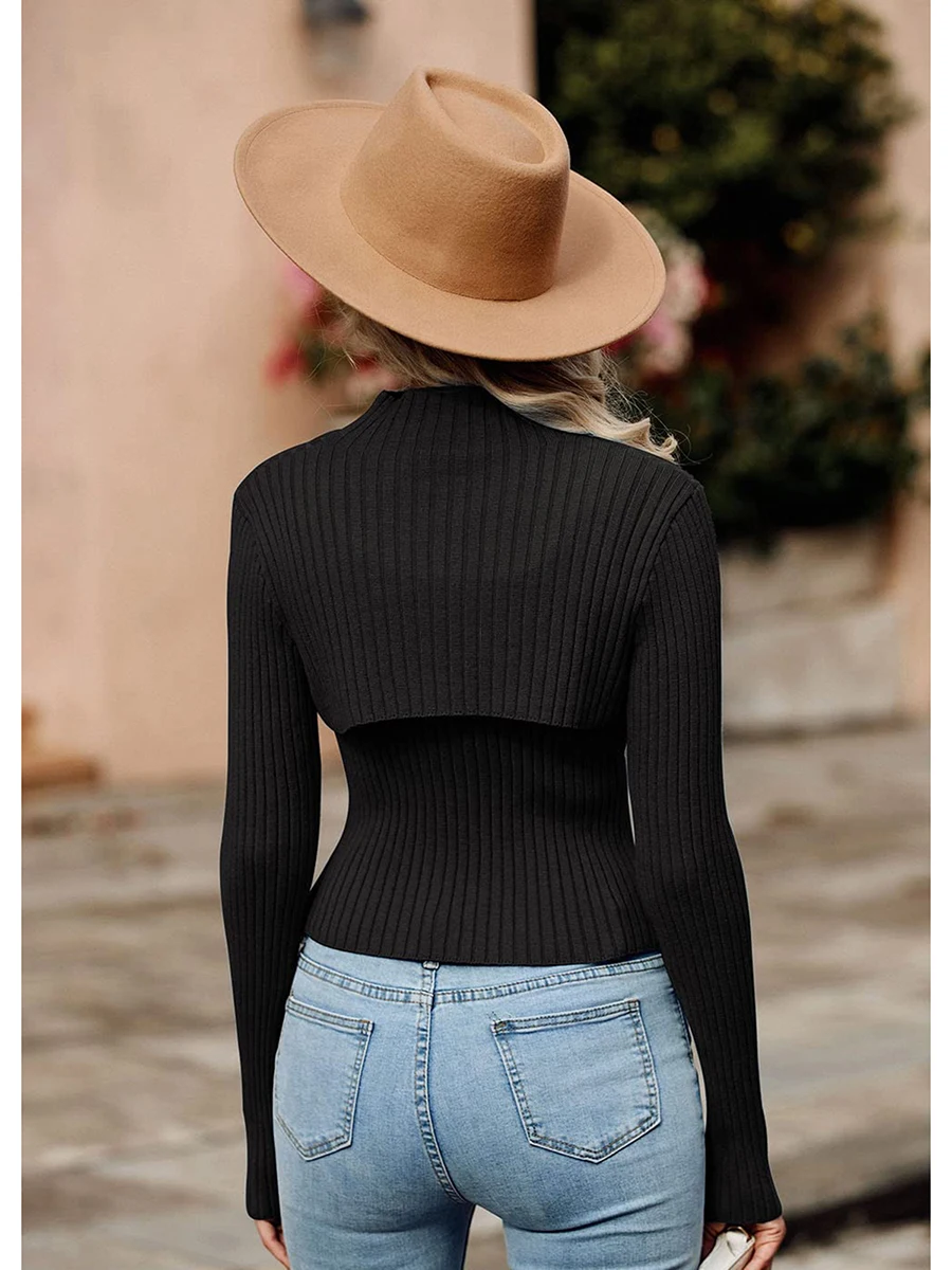 

Women Sweaters Knit Tops 2 Piece Cutout Long Sleeve Lightweight Mock Neck Cami Vest Rib Knit Slim Fit Pullover Sweater