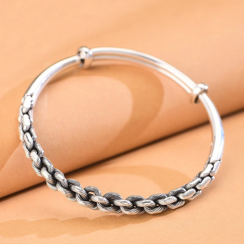 

Real Pure S999 Sterling Silver Bangle Women Twist Braided Push-pull Bracelet 29g
