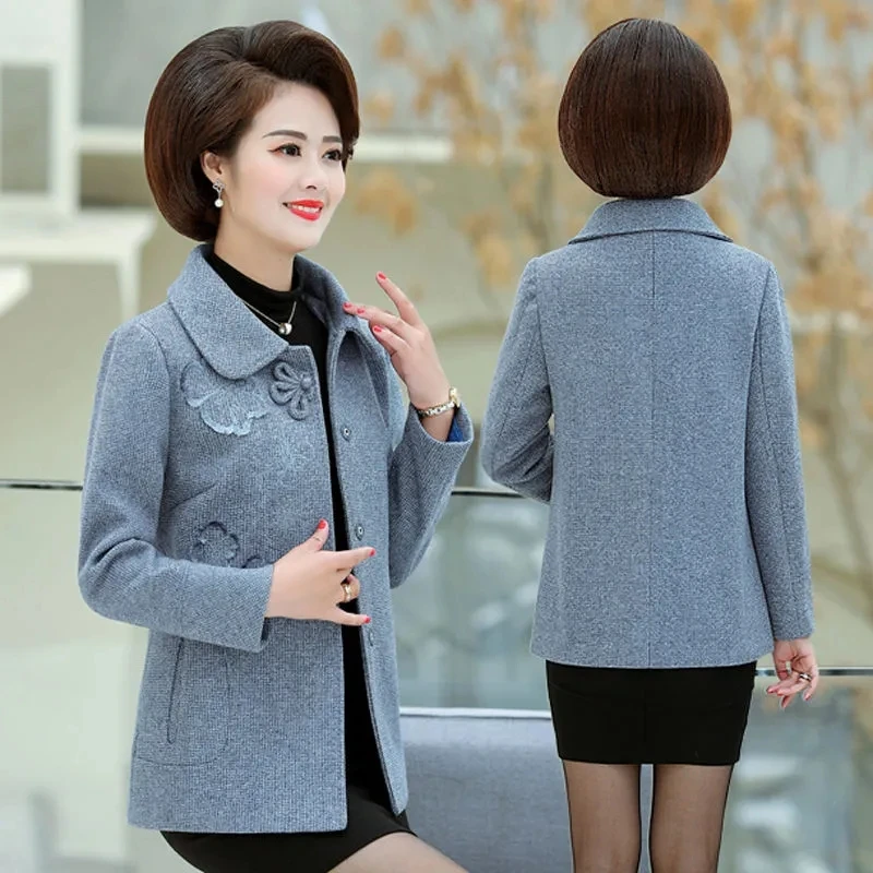 

2024Spring Autumn New Mother's Woolen Jacket Elegant Noble Short Outwear Middle-Aged Elderly Women Casual Thicken Wool Coat 5XL