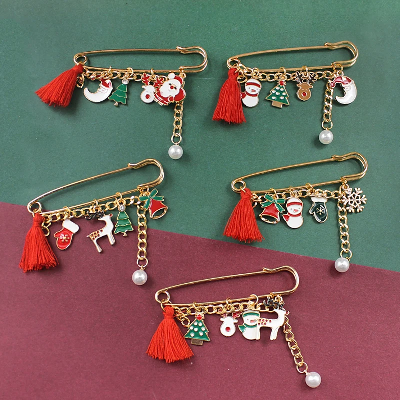 

New Year Xmas Pins Brooch Christmas Tree Santa Claus Snowman Deer Bell Snowflake Rhinestone Pearl Tassels Brooches Jewelry Gift