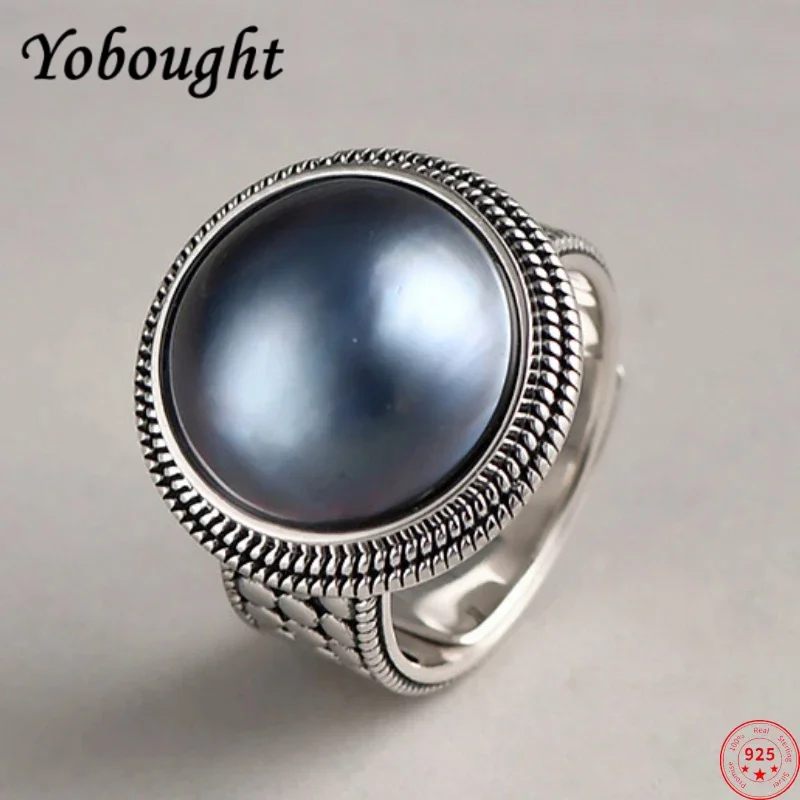 

S925 sterling silver rings for women men new fashion vintage totem round blue Mabe pearl agate crystal jewelry free shipping