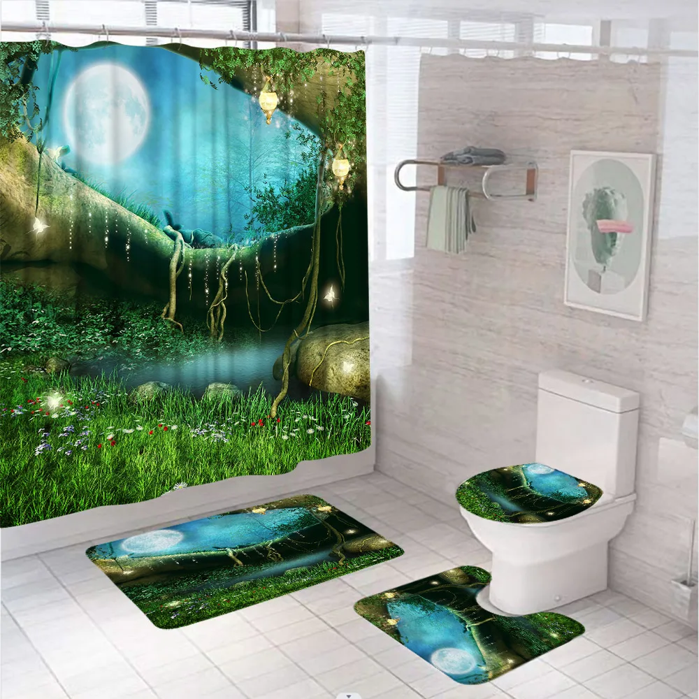 

Fantasy Magic Forest Full Moon Shower Curtain Set Fairy Tale Jungle Tree Pond Flower Bathroom Curtains Bath Mat Rug Toilet Cover