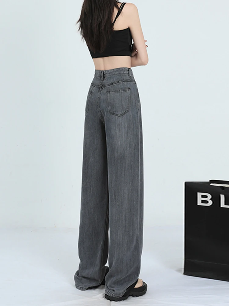 

Summer Soft Lyocell Fabric Woman Jeans Thin Loose Wide Leg Straight High Waisted Pant Fashion Comfort Retro Blue Casual Trousers