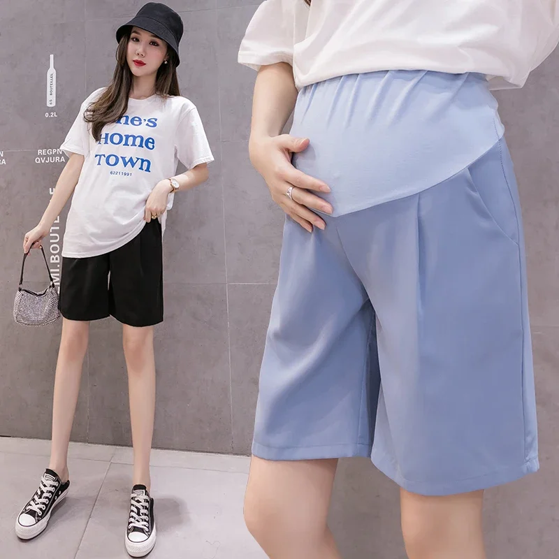 

Summer Pregnant Women Ice Silk Loose Wide-legged Pants Solid Color High Waist Straight Trousers Maternity Knee Shorts Wholesale