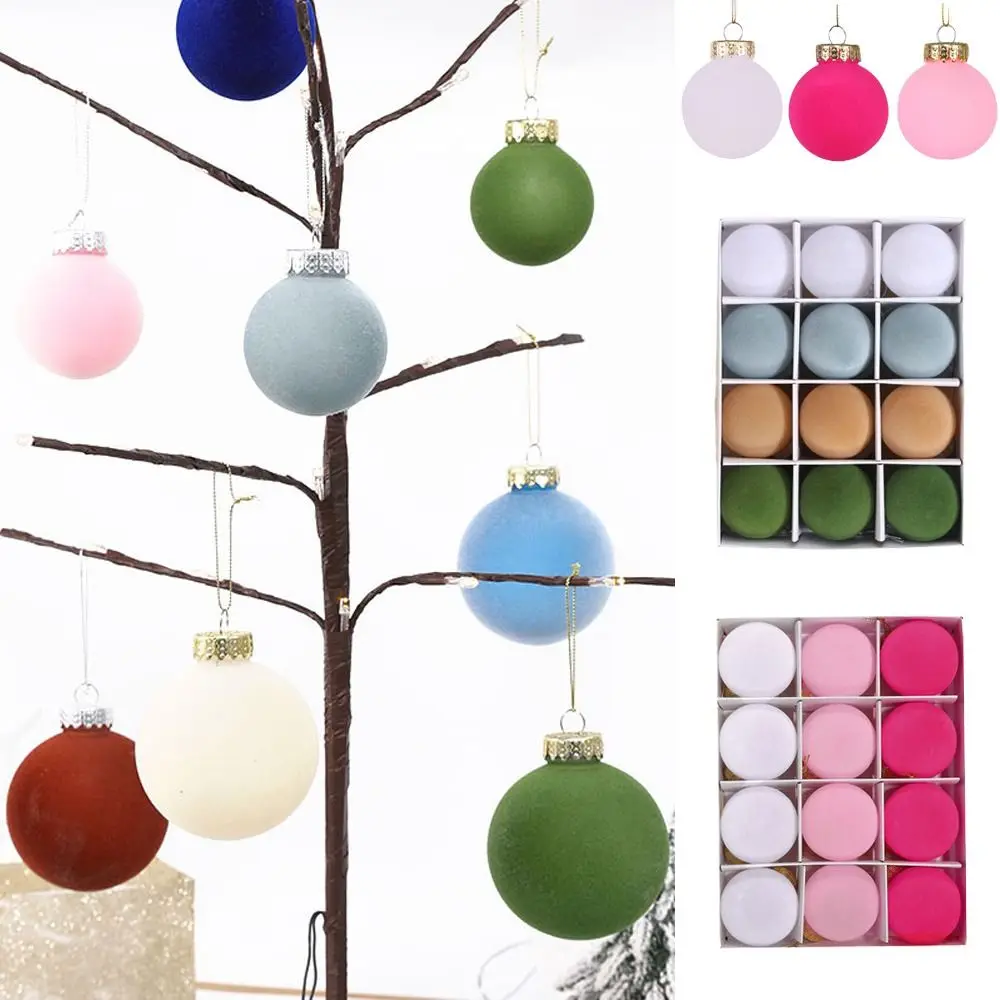 

12 шт. разноцветные бархатные Рождественские шары, подвесные пластиковые украшения для рождественской елки, флокированные Семейные праздничные Фотообои
