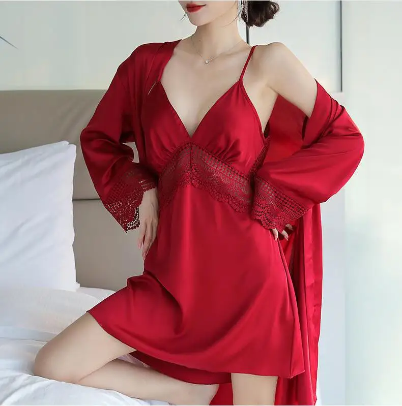 

Robe Set Nightgown 2Pcs Women Nightdress Lace Sleepshirt Kimono Gown Suit Summer Rayon Bathrobe Sleepwear Loungewear Homedress