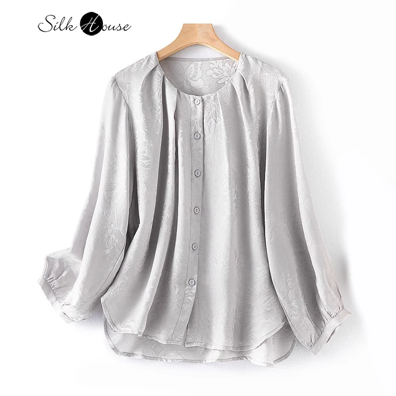 

2024 Women's Casual New 100% Natural Mulberry Silk Jacquard Satin Round Neck Lantern Nine Quarter Sleeves Light Grey Shirt