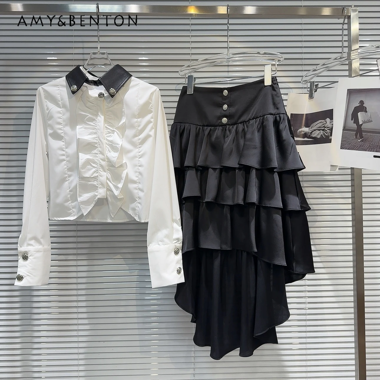 

Spring Summer New Fashion Temperament Detachable Lapel Shirt Drill Buckle Irregular Skirt Two-Piece Set Elegant Graceful Outfits