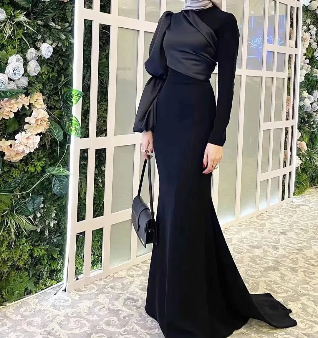 Romantic Black Mermaid Dresses for Evening Party Ruched High Neck Long Sleeves Zipper Back Dubai Prom Trumpet Gowns For Women
Romantic Black Mermaid Dresses for Evening Party Ruched High Neck Long Sleeves Zipper Back Dubai Prom Trumpet Gowns For Women