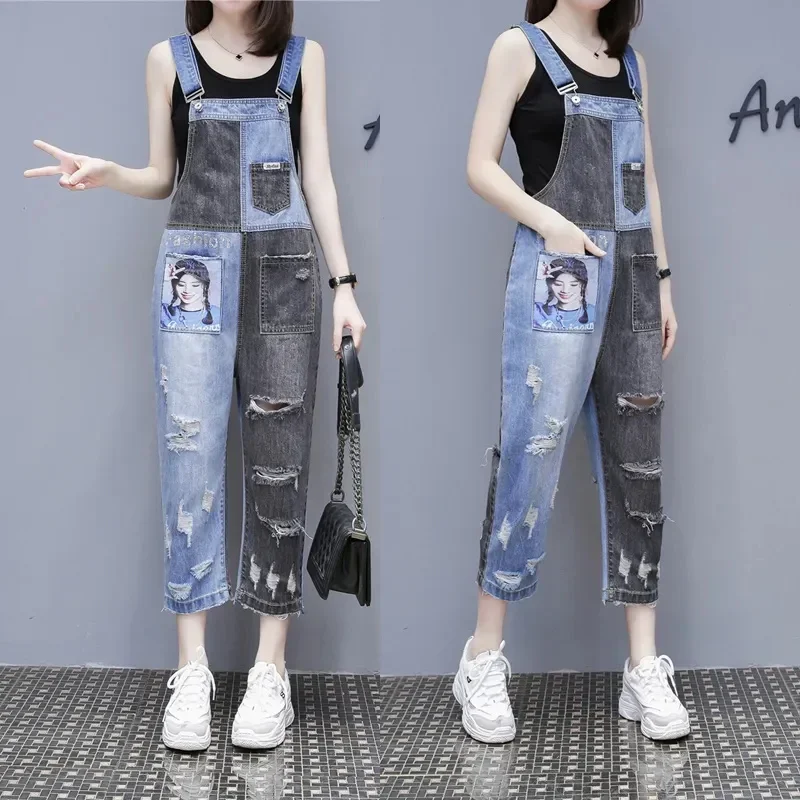 

Spring Summer Dungarees 2024 New Hole Pocket Denim Overalls Women Splicing Bibs Loose Pants Fashion Wide Legs Jumpsuits Female