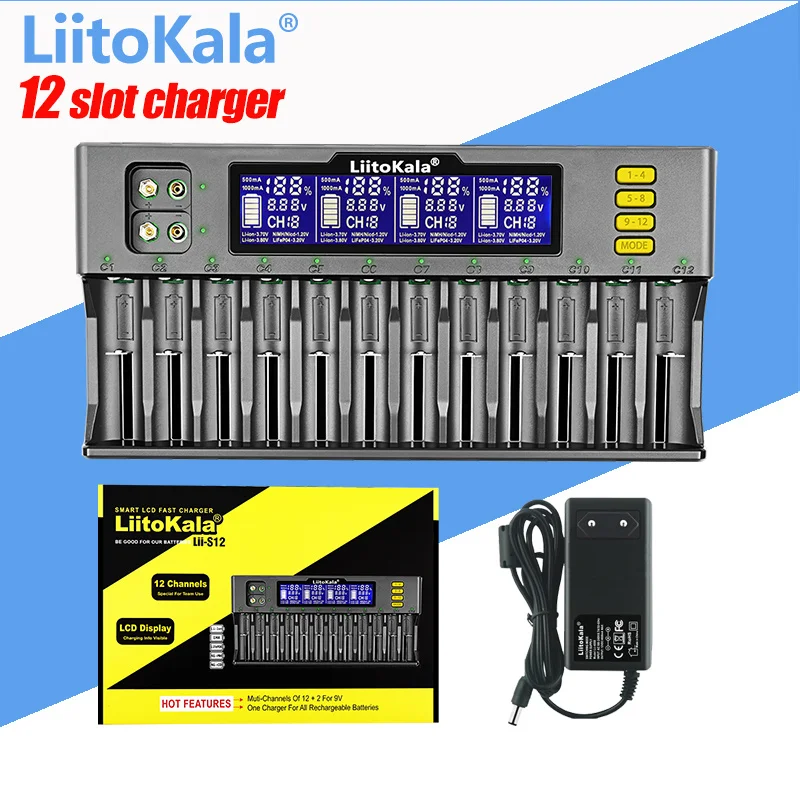 

Зарядное устройство LiitoKala с ЖК-дисплеем и 12 слотами для Li-Ion LiFePO4 Ni-MH Ni-Cd аккумуляторов 9 в 21700 20700 26650 18650 16340 RCR123 18350