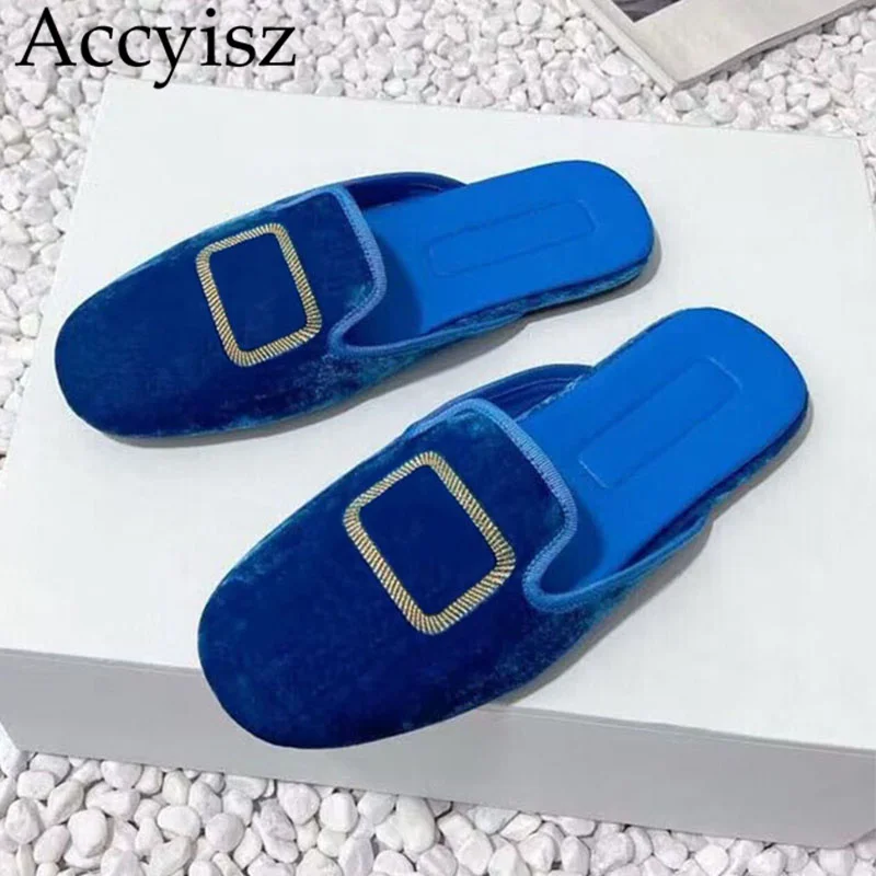 

Spring Autumn Flat Sole Closed Toe Half Slippers Women Corduroy Metal Buckle Solid Color Lazy Mules Outdoor Vacation Shoes 2024