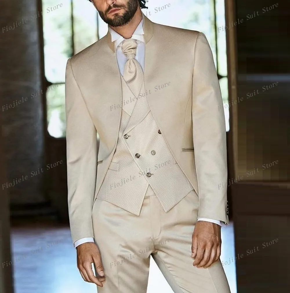 

New Beige Formal Occasion Men Suit Groom Groomsman Wedding Party Prom Business Tuxedos Male 3 Piece Set Blazer Vest Pants