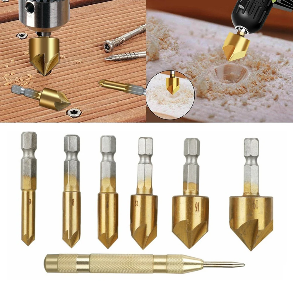 6pcs 6-19mm Hex Shank 90 Degrees Countersink Drill Bit Set With Center Punch For Wood Soft Metals Drilling Accessories
6pcs 6-19mm Hex Shank 90 Degrees Countersink Drill Bit Set With Center Punch For Wood Soft Metals Drilling Accessories