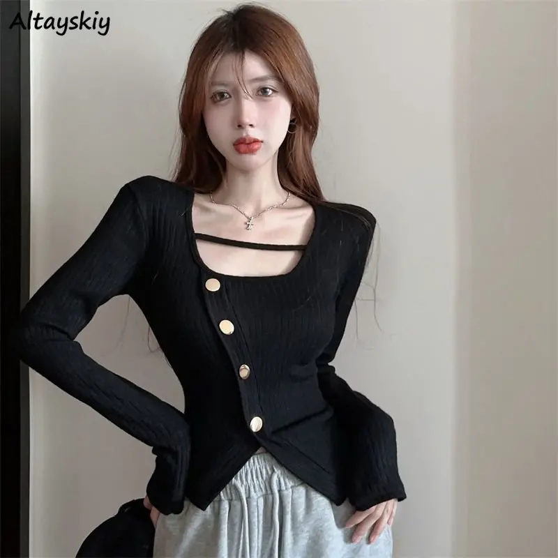 

Cropped Pullovers Women Irregular Sexy Casual Slim All-match Gentle Buttons Streetwear Fashion Knitting Spring Cozy Korean Style