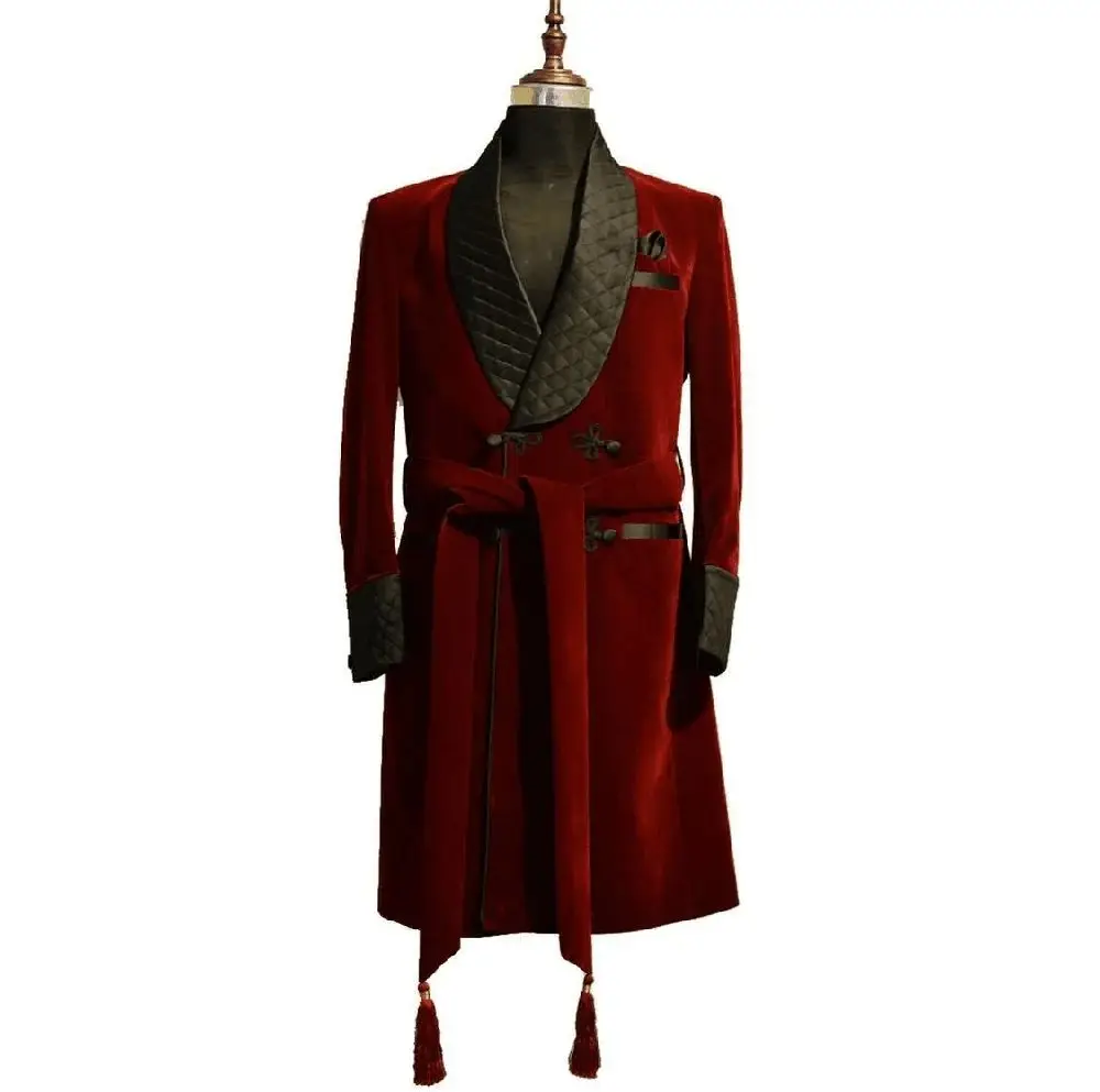 

Высококачественное длинное бархатное Мужское пальто бордового цвета, цельный пиджак с поясом, новая модная мужская одежда