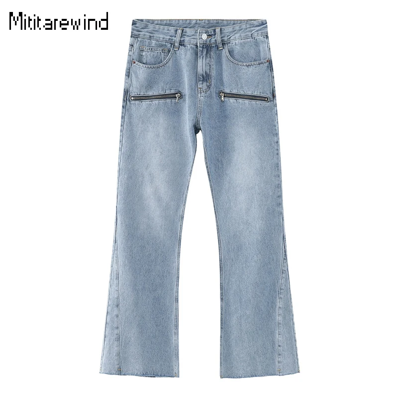 

Wash Distressed Men's Jeans High Street Trend Micro-bootcut Baggy Jeans Zipper Raw Edge Design Straight Denim Pant Youth Trouser