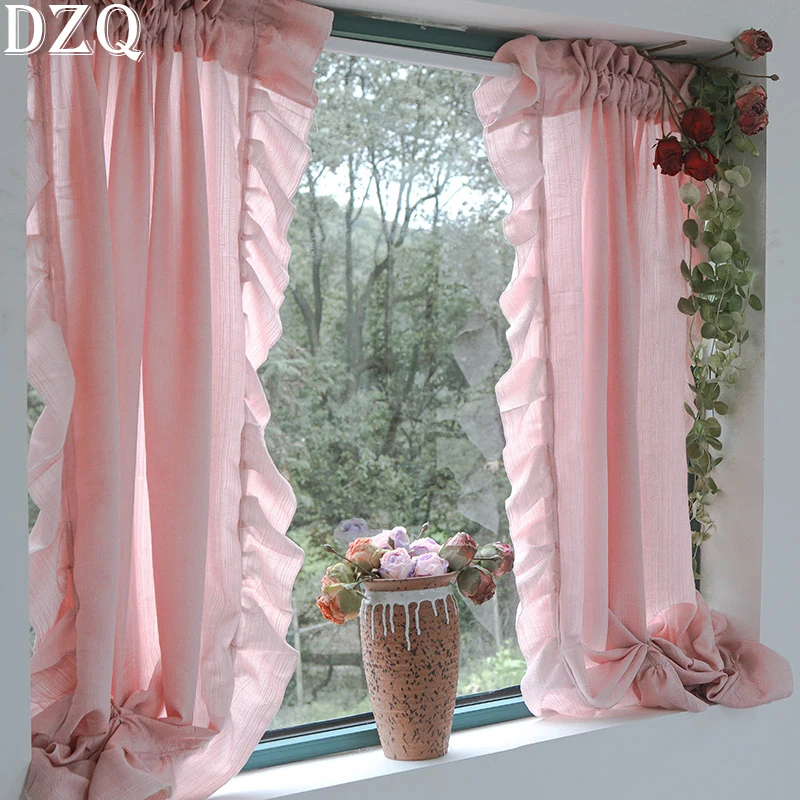 

Idyllic French Elegant Window Tulle Curtains for Living Room Solid Pink/White Gauze Warp Ruffled Curtains for Kitchen #A313