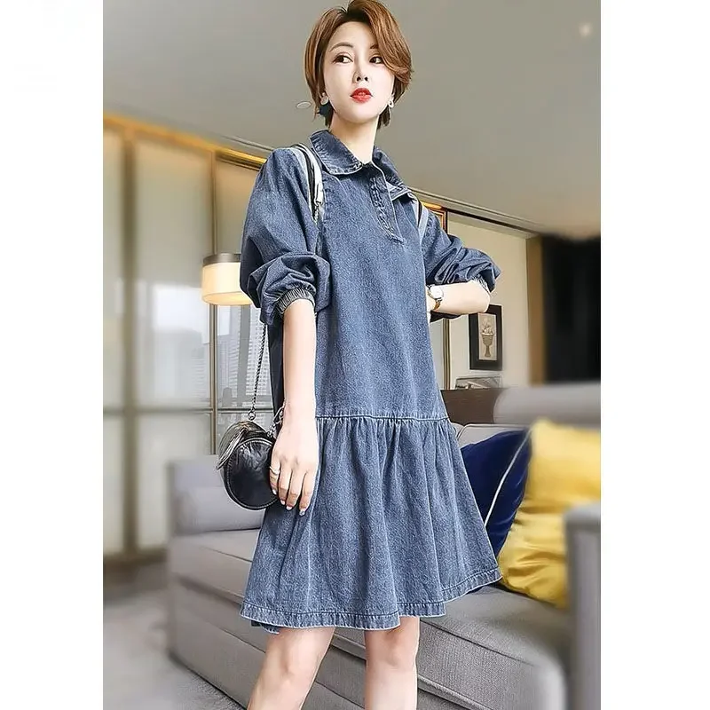 

Fashion Lapel Spliced Button Folds Casual Dresses Women's Clothing Autumn Winter Oversized Solid Color Commuter Mini Dress CY85