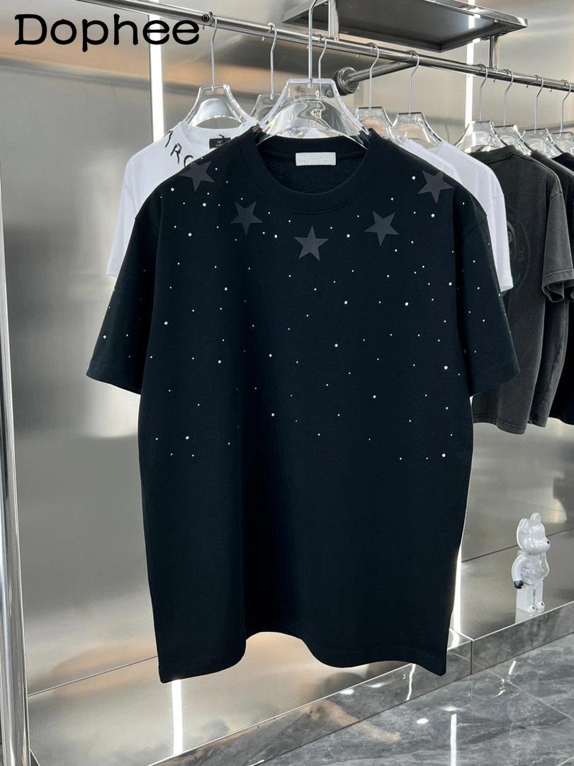 

2024 Summer Trendy Male Starry Diamond Five-Pointed Star Printed Round Neck Short Sleeve T-shirt Half Sleeve Solid Color Top